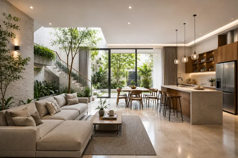layout mở phòng khách bếp nhà phố hiện đại