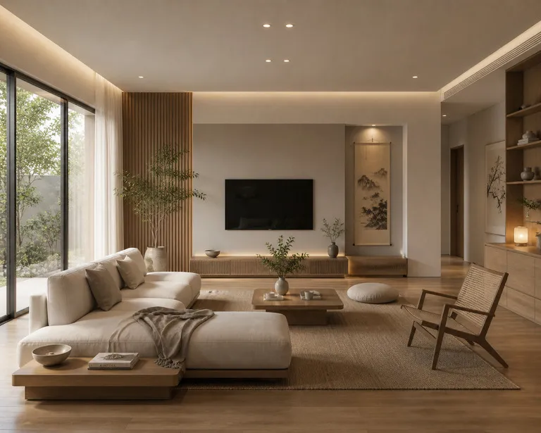 phòng khách căn hộ phong cách japandi hiện đại