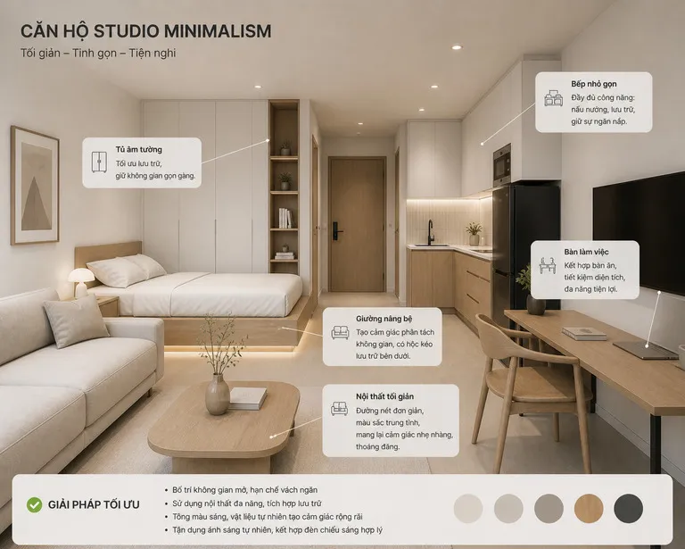 căn hộ studio phong cách tối giản hiện đại